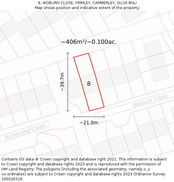 8, WOBURN CLOSE, FRIMLEY, CAMBERLEY, GU16 8NU: Plot and title map