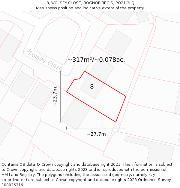 8, WOLSEY CLOSE, BOGNOR REGIS, PO21 3LQ: Plot and title map