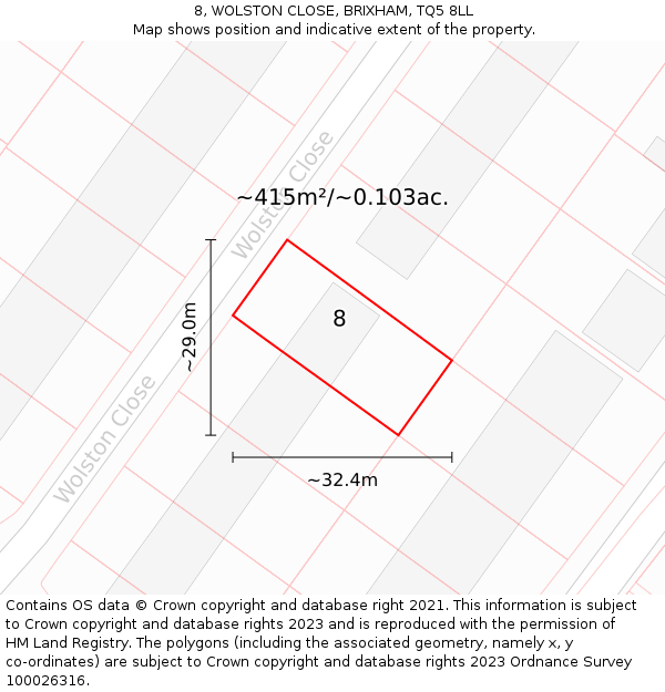 8, WOLSTON CLOSE, BRIXHAM, TQ5 8LL: Plot and title map