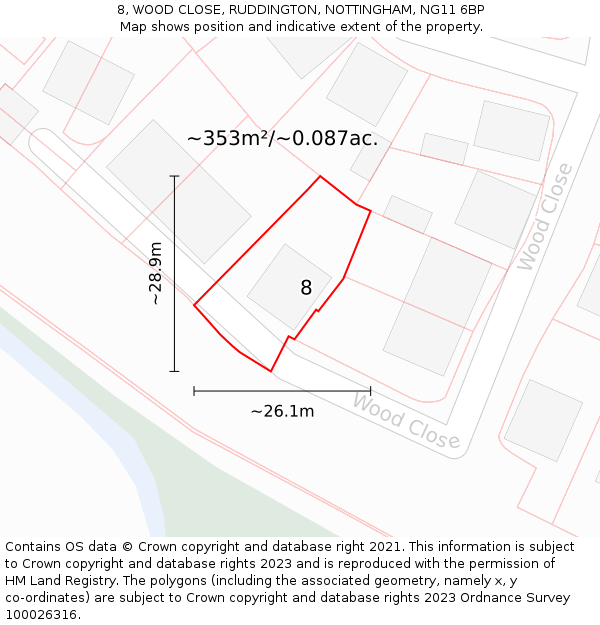 8, WOOD CLOSE, RUDDINGTON, NOTTINGHAM, NG11 6BP: Plot and title map