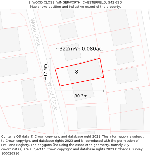 8, WOOD CLOSE, WINGERWORTH, CHESTERFIELD, S42 6SD: Plot and title map