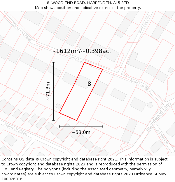 8, WOOD END ROAD, HARPENDEN, AL5 3ED: Plot and title map