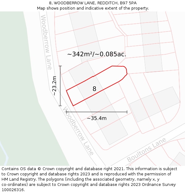 8, WOODBERROW LANE, REDDITCH, B97 5PA: Plot and title map