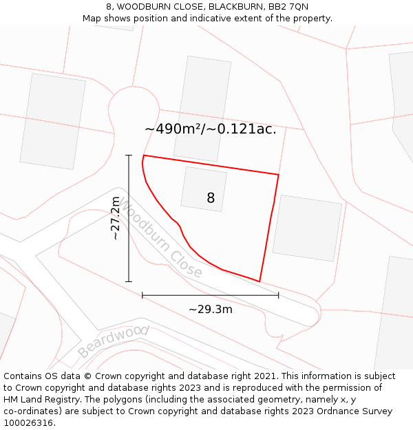 8, WOODBURN CLOSE, BLACKBURN, BB2 7QN: Plot and title map