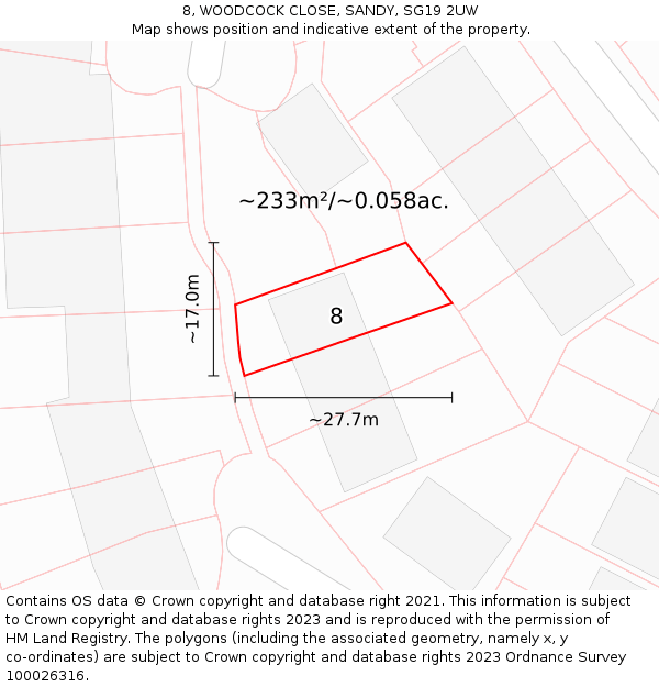 8, WOODCOCK CLOSE, SANDY, SG19 2UW: Plot and title map