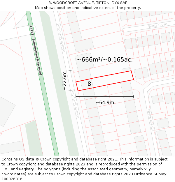 8, WOODCROFT AVENUE, TIPTON, DY4 8AE: Plot and title map