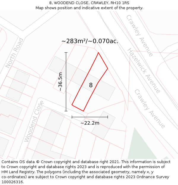 8, WOODEND CLOSE, CRAWLEY, RH10 1RS: Plot and title map