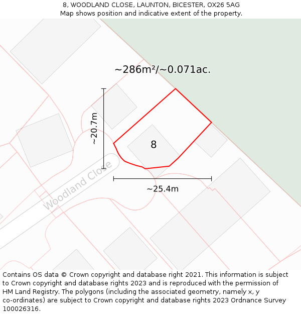 8, WOODLAND CLOSE, LAUNTON, BICESTER, OX26 5AG: Plot and title map