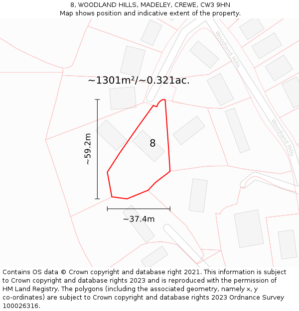 8, WOODLAND HILLS, MADELEY, CREWE, CW3 9HN: Plot and title map