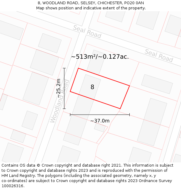 8, WOODLAND ROAD, SELSEY, CHICHESTER, PO20 0AN: Plot and title map