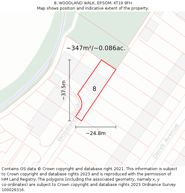 8, WOODLAND WALK, EPSOM, KT19 9FH: Plot and title map