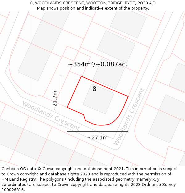 8, WOODLANDS CRESCENT, WOOTTON BRIDGE, RYDE, PO33 4JD: Plot and title map