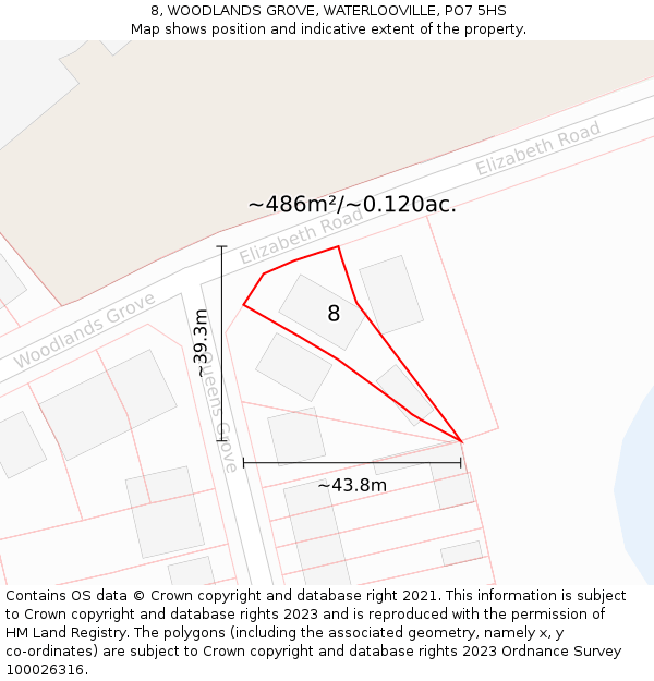 8, WOODLANDS GROVE, WATERLOOVILLE, PO7 5HS: Plot and title map