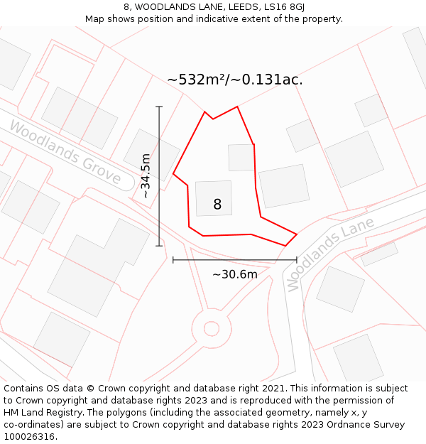 8, WOODLANDS LANE, LEEDS, LS16 8GJ: Plot and title map