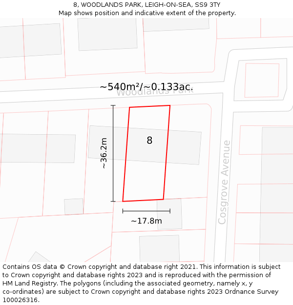 8, WOODLANDS PARK, LEIGH-ON-SEA, SS9 3TY: Plot and title map