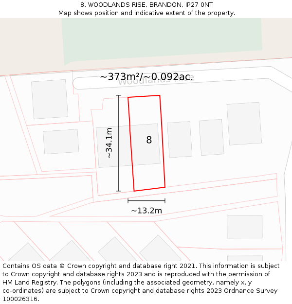 8, WOODLANDS RISE, BRANDON, IP27 0NT: Plot and title map