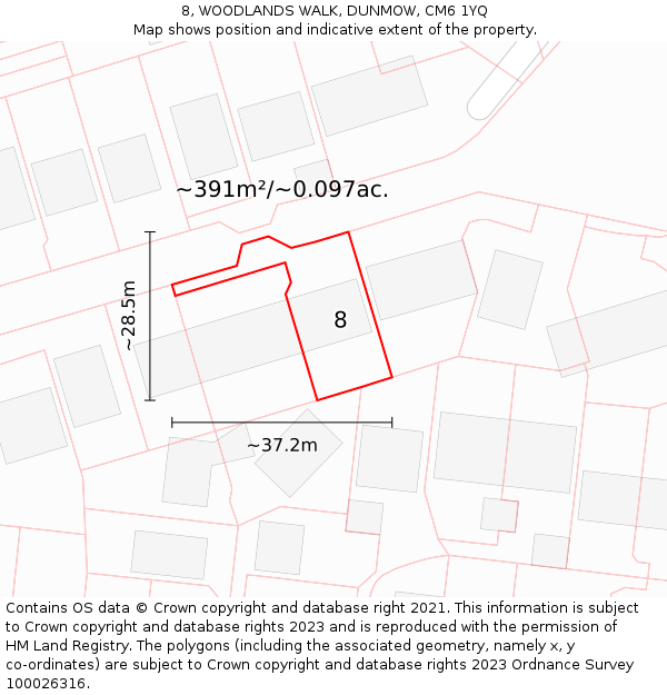 8, WOODLANDS WALK, DUNMOW, CM6 1YQ: Plot and title map