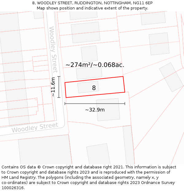 8, WOODLEY STREET, RUDDINGTON, NOTTINGHAM, NG11 6EP: Plot and title map