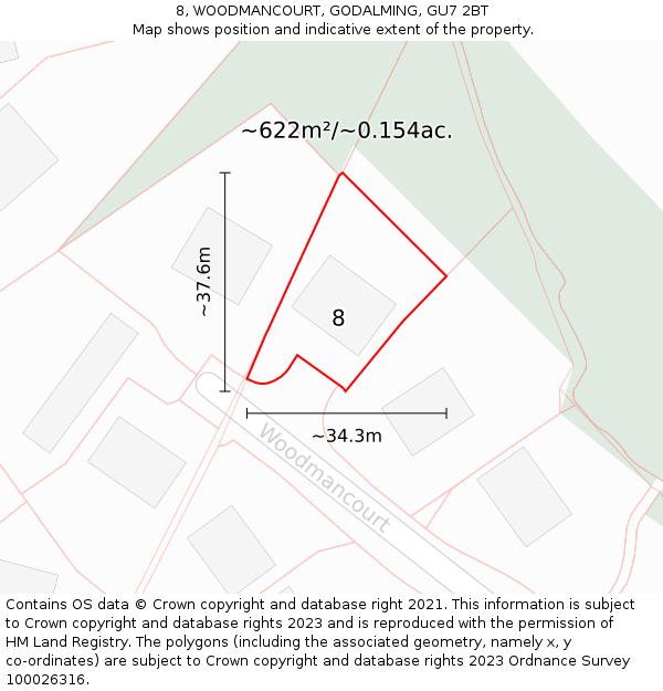 8, WOODMANCOURT, GODALMING, GU7 2BT: Plot and title map