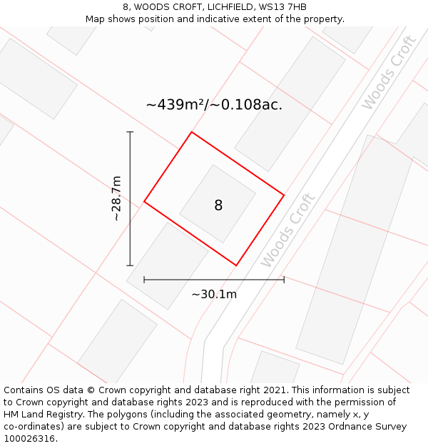 8, WOODS CROFT, LICHFIELD, WS13 7HB: Plot and title map