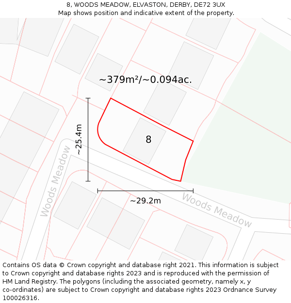 8, WOODS MEADOW, ELVASTON, DERBY, DE72 3UX: Plot and title map