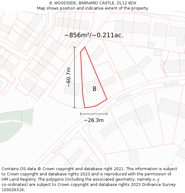 8, WOODSIDE, BARNARD CASTLE, DL12 8DX: Plot and title map