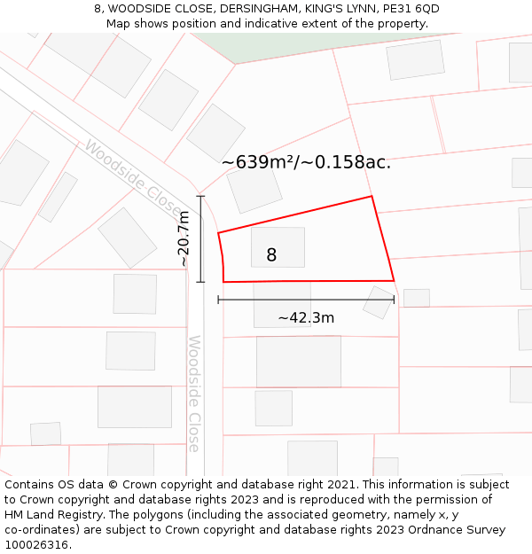 8, WOODSIDE CLOSE, DERSINGHAM, KING'S LYNN, PE31 6QD: Plot and title map