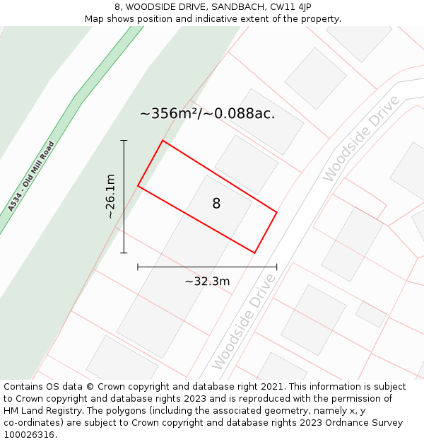 8, WOODSIDE DRIVE, SANDBACH, CW11 4JP: Plot and title map