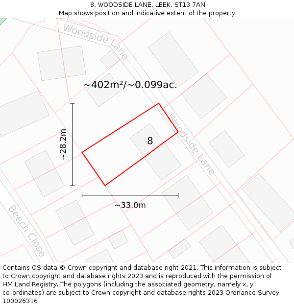 8, WOODSIDE LANE, LEEK, ST13 7AN: Plot and title map