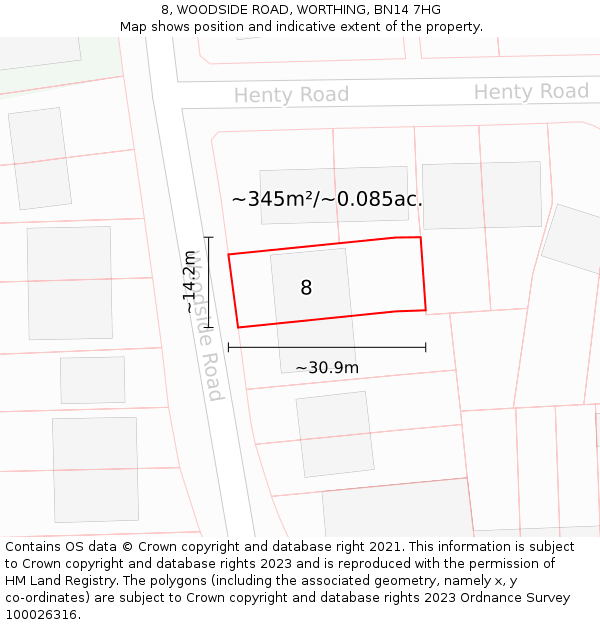 8, WOODSIDE ROAD, WORTHING, BN14 7HG: Plot and title map