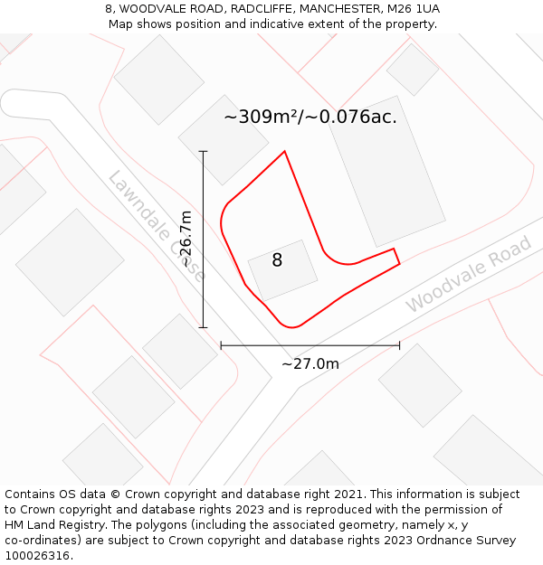 8, WOODVALE ROAD, RADCLIFFE, MANCHESTER, M26 1UA: Plot and title map