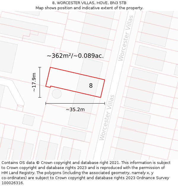 8, WORCESTER VILLAS, HOVE, BN3 5TB: Plot and title map