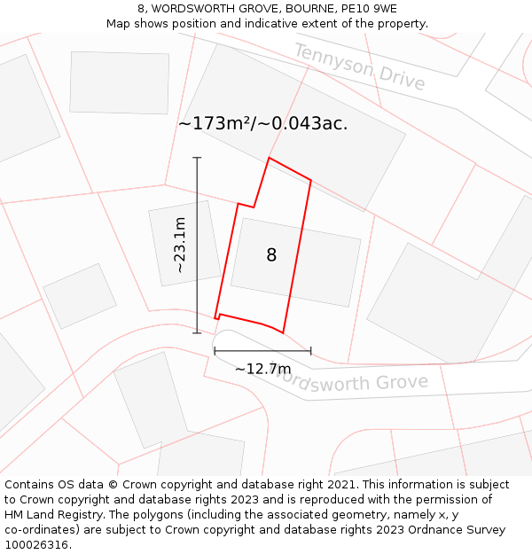 8, WORDSWORTH GROVE, BOURNE, PE10 9WE: Plot and title map