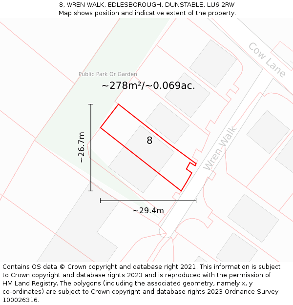 8, WREN WALK, EDLESBOROUGH, DUNSTABLE, LU6 2RW: Plot and title map