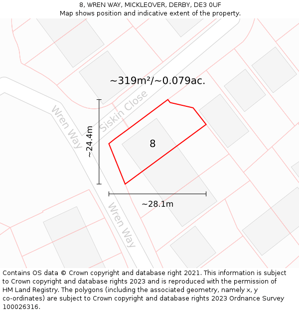 8, WREN WAY, MICKLEOVER, DERBY, DE3 0UF: Plot and title map