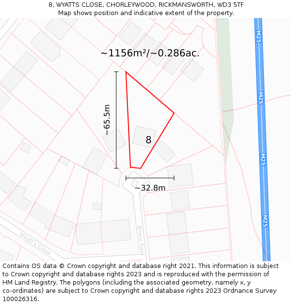 8, WYATTS CLOSE, CHORLEYWOOD, RICKMANSWORTH, WD3 5TF: Plot and title map