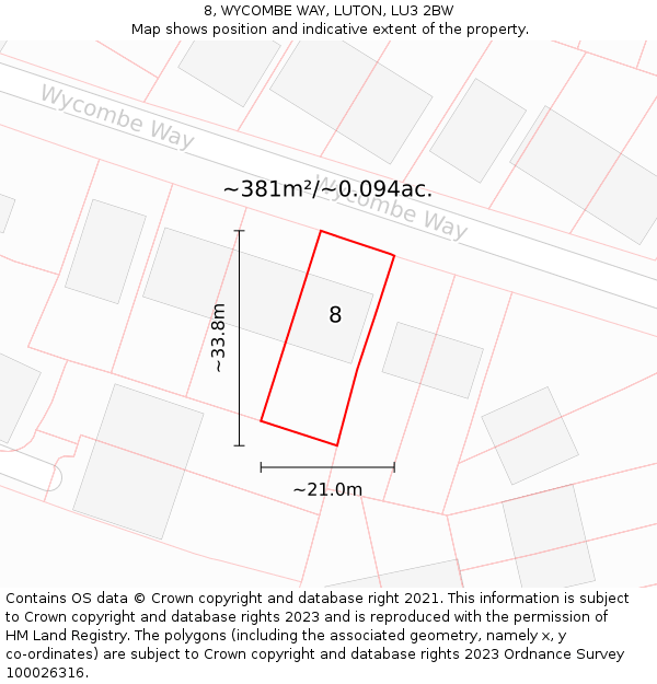 8, WYCOMBE WAY, LUTON, LU3 2BW: Plot and title map