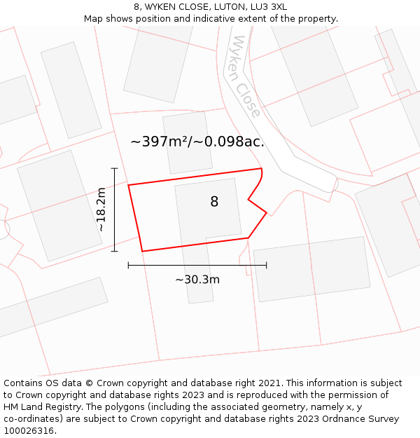 8, WYKEN CLOSE, LUTON, LU3 3XL: Plot and title map