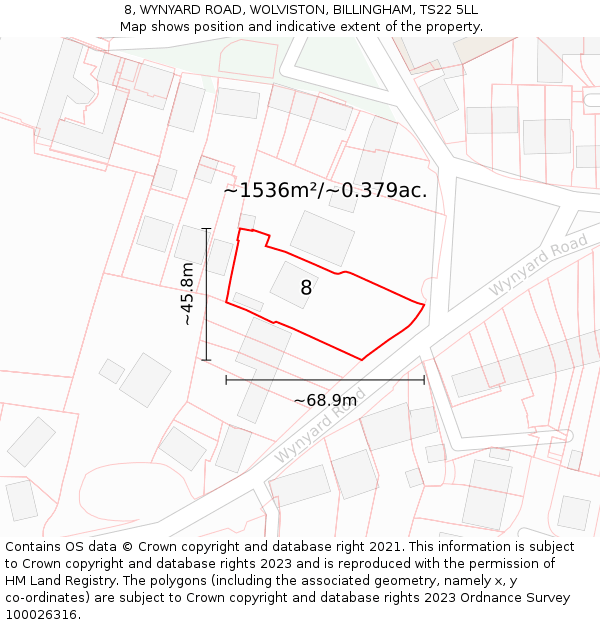 8, WYNYARD ROAD, WOLVISTON, BILLINGHAM, TS22 5LL: Plot and title map