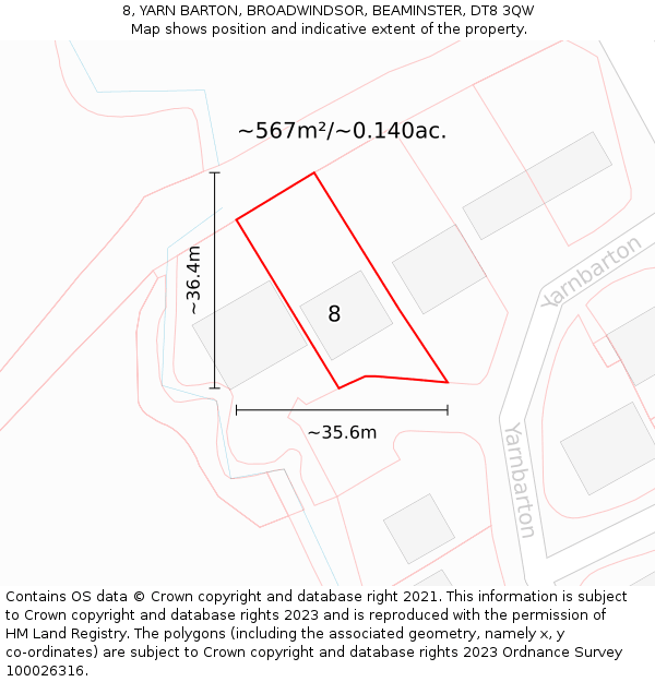 8, YARN BARTON, BROADWINDSOR, BEAMINSTER, DT8 3QW: Plot and title map