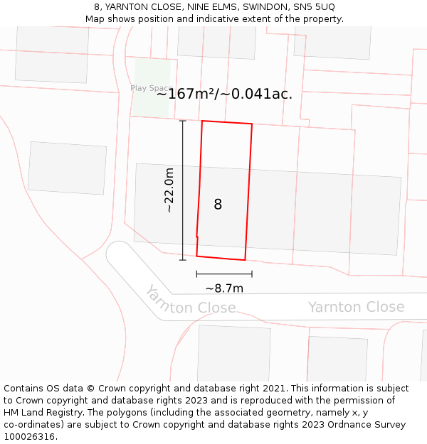 8, YARNTON CLOSE, NINE ELMS, SWINDON, SN5 5UQ: Plot and title map