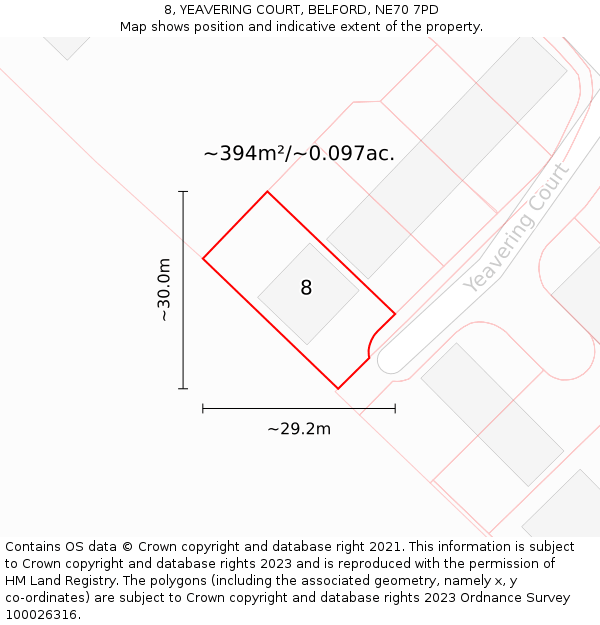 8, YEAVERING COURT, BELFORD, NE70 7PD: Plot and title map