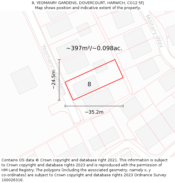 8, YEOMANRY GARDENS, DOVERCOURT, HARWICH, CO12 5FJ: Plot and title map