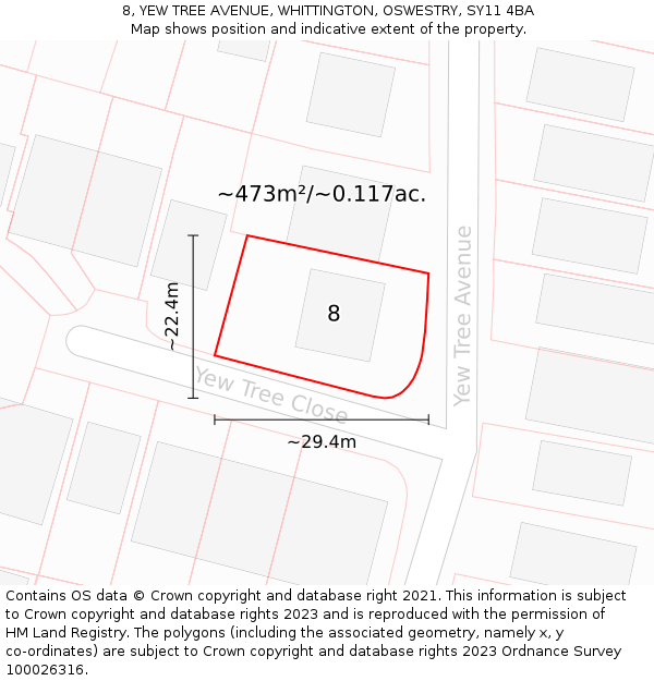 8, YEW TREE AVENUE, WHITTINGTON, OSWESTRY, SY11 4BA: Plot and title map