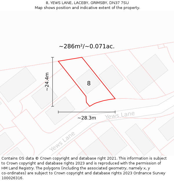 8, YEWS LANE, LACEBY, GRIMSBY, DN37 7SU: Plot and title map