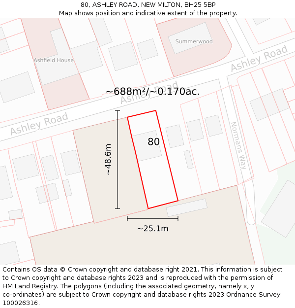 80, ASHLEY ROAD, NEW MILTON, BH25 5BP: Plot and title map