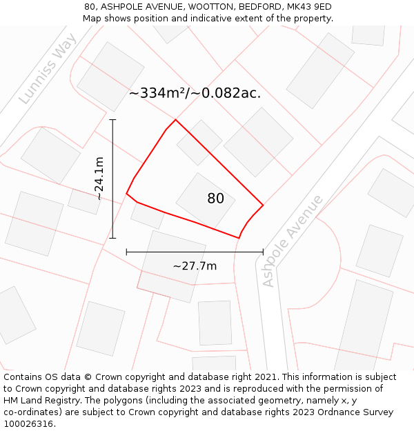 80, ASHPOLE AVENUE, WOOTTON, BEDFORD, MK43 9ED: Plot and title map
