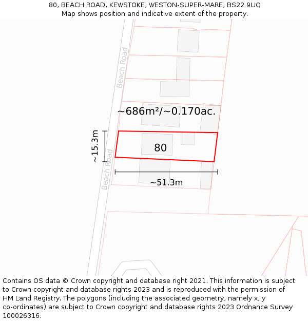 80, BEACH ROAD, KEWSTOKE, WESTON-SUPER-MARE, BS22 9UQ: Plot and title map