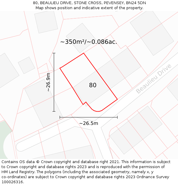 80, BEAULIEU DRIVE, STONE CROSS, PEVENSEY, BN24 5DN: Plot and title map