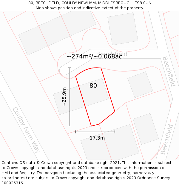 80, BEECHFIELD, COULBY NEWHAM, MIDDLESBROUGH, TS8 0UN: Plot and title map